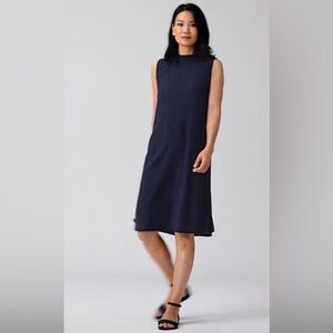 Eileen Fisher Silk Knee Length Shift Dress Navy Large